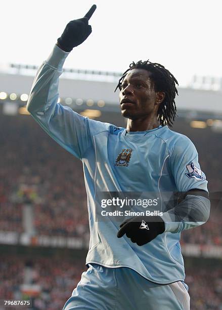 Benjani of Manchester City celebrates scoring their second goal during the Barclays FA Premier League match between Manchester United and Manchester...