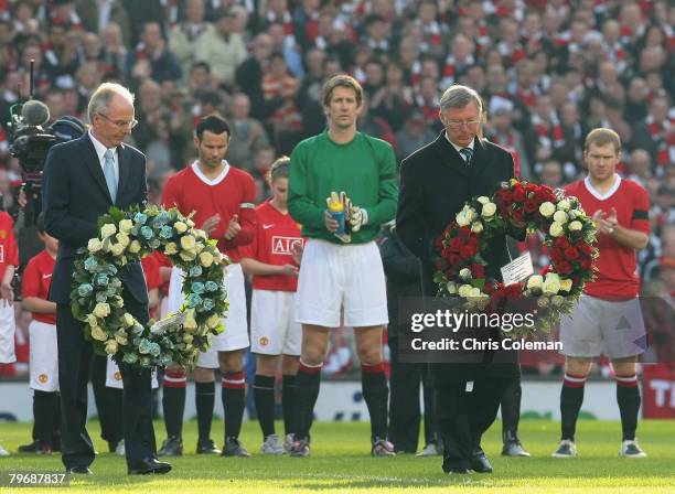 Sir Alex Ferguson of Manchester United and Sven Goran Eriksson of Manchester City lay wreaths in memory of the 23 victims of the Munich Air Disaster...