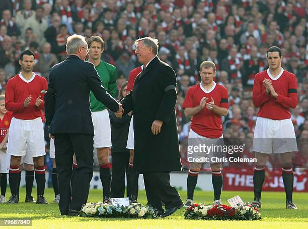 Sir Alex Ferguson of Manchester United and Sven Goran Eriksson of Manchester City lay wreaths in memory of the 23 victims of the Munich Air Disaster...