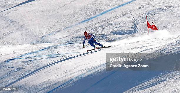 Fabienne Suter of Switzerland skis to a tie for 1st Place during the FIS Alpine Ski World Cup Women's Super G event on February 10, 2008 in...