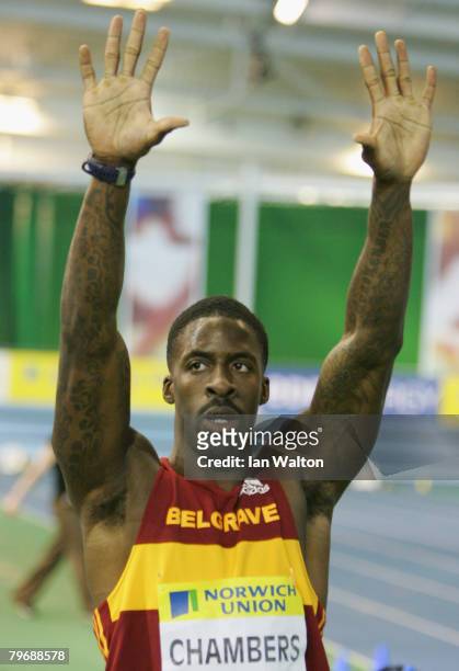 Dwain Chambers celebrates after winning the men's 60 metres heats during the Norwich Union World Trials & UK championships at The English Institute...