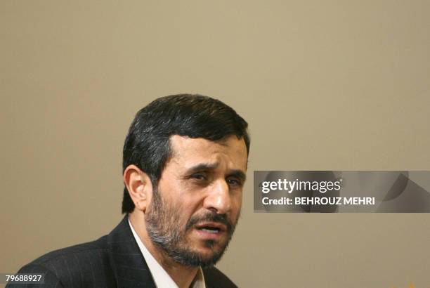 Iranian President Mahmoud Ahmadinejad delivers his speech during his meeting with ambassadors of foreign countries in Tehran on February 10, 2008....