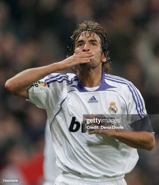 Raul Gonzalez of Real Madrid celebrates after scoring Real's second goal during the La Liga match between Real Madrid and Valladolid at the Santiago...