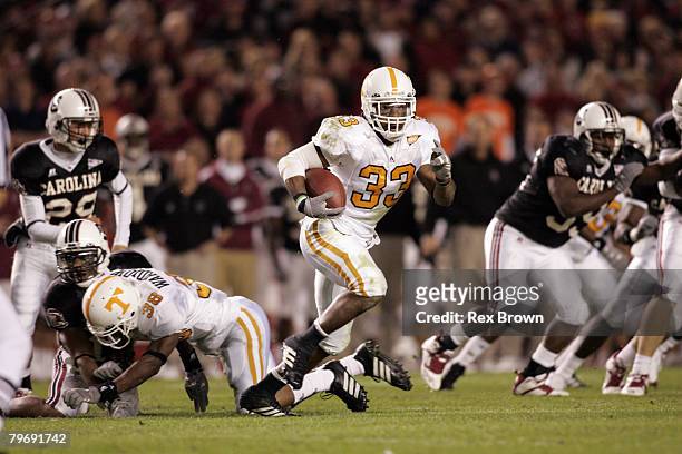 Tennessee's Jonathan Hefney works to pick up a first down against the Gamecocks Oct. 28 at Williams-Brice Stadium, in Columbia, South Carolina....