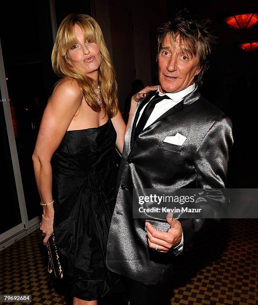 Penny Lancaster and Musician Rod Stewart backstage at the 2008 Clive Davis Pre-GRAMMY party at the Beverly Hilton Hotel on February 9, 2008 in Los...