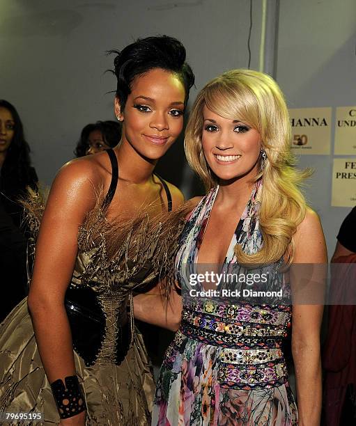 Singers Rihanna and Carrie Underwood at the 50th Annual GRAMMY Awards at the Staples Center on February 10, 2008 in Los Angeles, California.