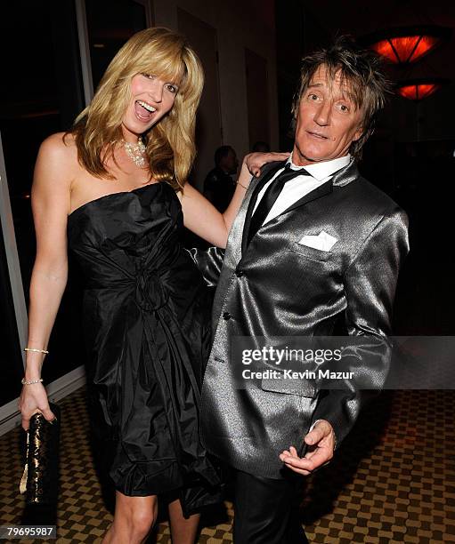 Penny Lancaster and Musician Rod Stewart backstage at the 2008 Clive Davis Pre-GRAMMY party at the Beverly Hilton Hotel on February 9, 2008 in Los...