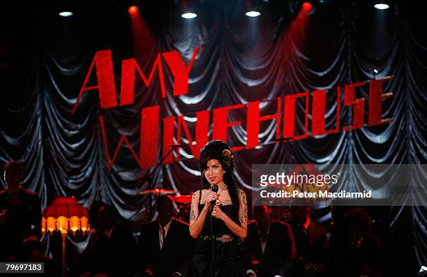 British singer Amy Winehouse performs at the Riverside Studios for the 50th Grammy Awards ceremony via video link on February 10, 2008 in London,...