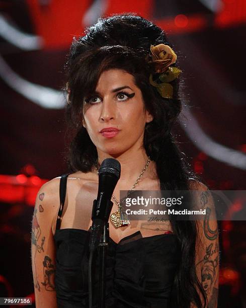 British singer Amy Winehouse performs at the Riverside Studios for the 50th Grammy Awards ceremony via video link on February 10, 2008 in London,...
