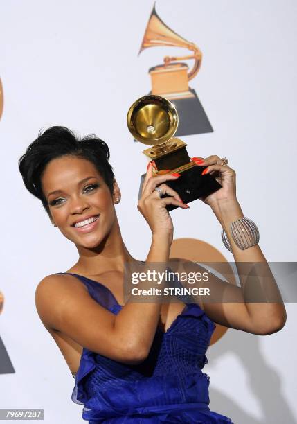 Winner for Record Of The Year and Nominee or Best Dance Recording Rihanna poses with the trophy at the 50th Grammy Awards in Los Angeles on February...