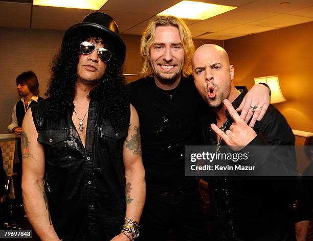 Musician Slash, Singer Chad Kroeger and Singer Chris Daughtry backstage at the 2008 Clive Davis Pre-GRAMMY party at the Beverly Hilton Hotel on...