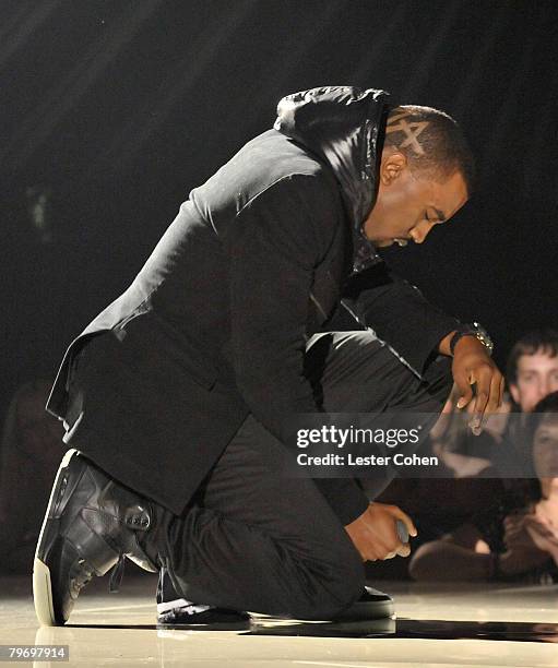 Rapper Kanye West on stage at the 50th Annual GRAMMY Awards at the Staples Center on February 10, 2008 in Los Angeles, California.