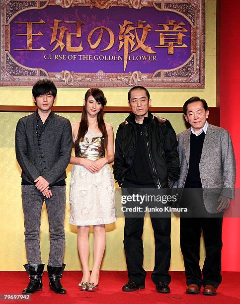 Jay Chou, Chinese director Zhang Yimou, Leah Dizon and producer Bill Kong attend "Curse of the Golden Flower" press conference at Grand Hyatt Tokyo...