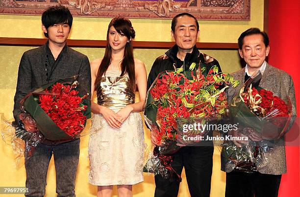 Jay Chou, Chinese director Zhang Yimou, Leah Dizon and producer Bill Kong attend "Curse of the Golden Flower" press conference at Grand Hyatt Tokyo...