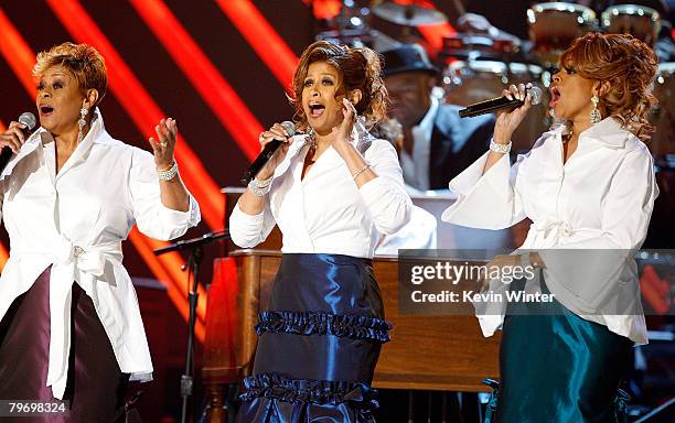 The Clark Sisters, Jacky Clark Chisholm, Dorinda Clark Cole and Karen Clark Sheard perform onstage during the 50th annual Grammy awards held at the...