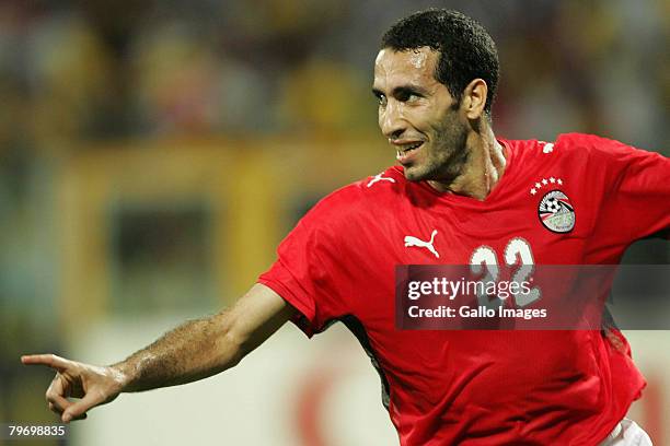 Mohamed Aboutriaka celebrates his goal during the AFCON Final match between Cameroon and Egypt at the Ohene Djan Stadium in Accra, Ghana.