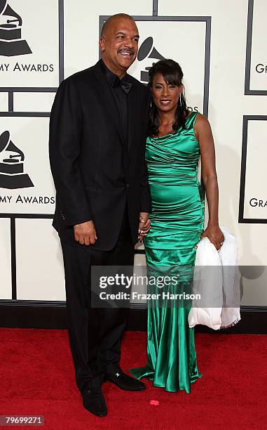 Starbucks president Ken Lombard and guest arrive at the 50th annual Grammy awards held at the Staples Center on February 10, 2008 in Los Angeles,...