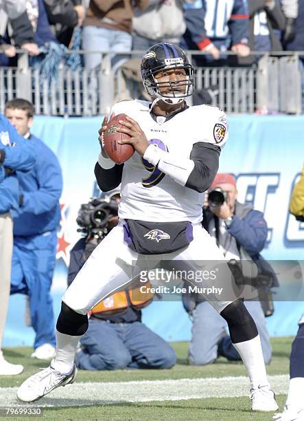 Ravens Steve McNair looks to throw from the endzone during 1st half action between the Baltimore Ravens and the Tennessee Titans on November 12, 2006...