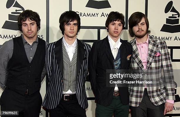 Musicians Jon Walker, Brendon Urie, Ryan Ross, and Spencer Smith from the group 'Panic At The Disco' arrive at the 50th annual Grammy awards held at...