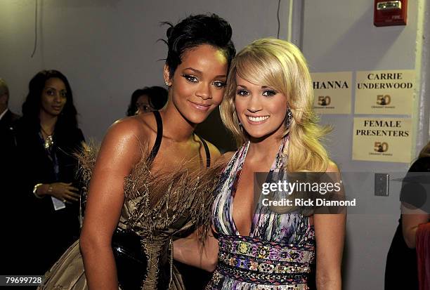 Singers Rihanna and Carrie Underwood at the 50th Annual GRAMMY Awards at the Staples Center on February 10, 2008 in Los Angeles, California.