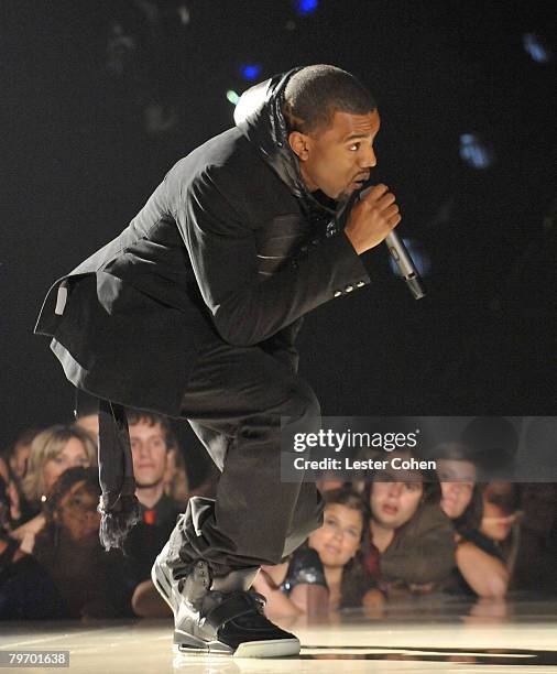 Rapper Kanye West on stage at the 50th Annual GRAMMY Awards at the Staples Center on February 10, 2008 in Los Angeles, California.