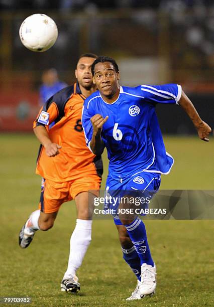 El Salvador's Shawn Martin fight for the ball with Anguilla's Romell Gumbs at Cuscatlan Stadium on February 6, 2008 in San Salvador, El Salvador...