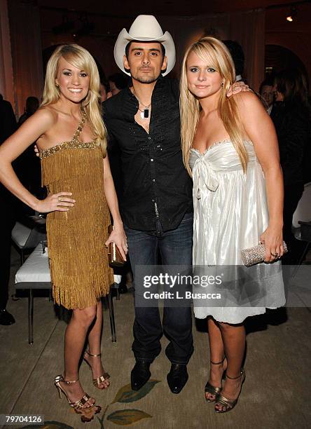 Singers Carrie Underwood, Brad Paisley and Miranda Lambert during the Sony/BMG Grammy After Party at the Beverly Hills Hotel on February 10, 2008 in...