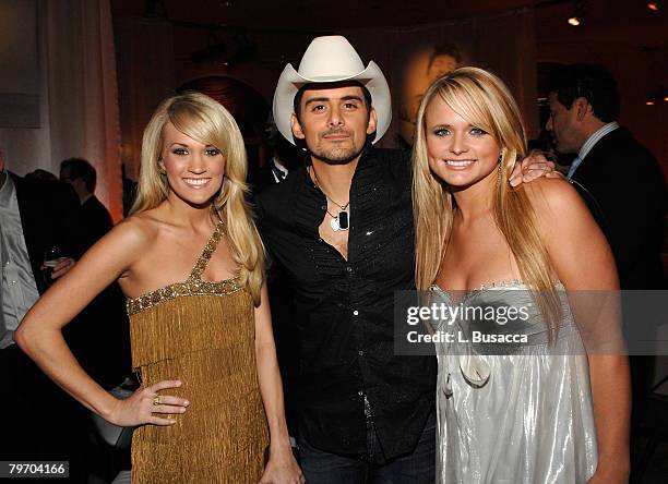Singers Carrie Underwood, Brad Paisley and Miranda Lambert during the Sony/BMG Grammy After Party at the Beverly Hills Hotel on February 10, 2008 in...