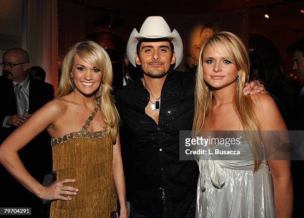 Singers Carrie Underwood, Brad Paisley and Miranda Lambert during the Sony/BMG Grammy After Party at the Beverly Hills Hotel on February 10, 2008 in...