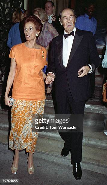 Rex Harrison with his wife Mercia Tinker attend the opening night of his play "The Admirable Crichton" on August 8, 1988 in London.