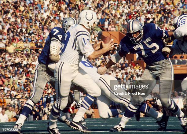 Baltimore Colts Hall of Fame quarterback Johnny Unitas goes back to pass in a 16-13 win over the Dallas Cowboys in Super Bowl V on January 17, 1971...