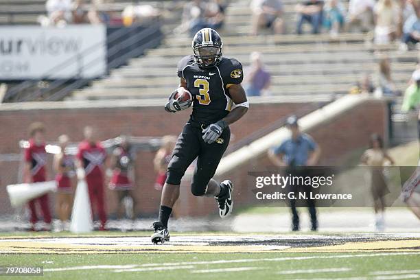 William Franklin of the Missouri Tigers looks for running room during a game against the Troy Trojans at Memorial Stadium in Columbia, Missouri on...
