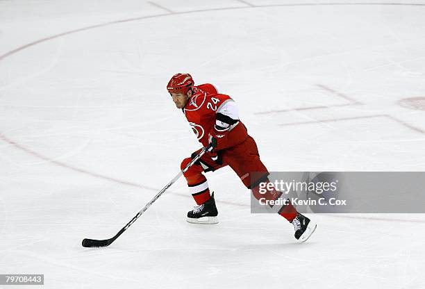 Scott Walker of the Carolina Hurricanes skates against the Toronto Maple Leafs during their NHL game at RBC Center on January 31, 2008 in Raleigh,...
