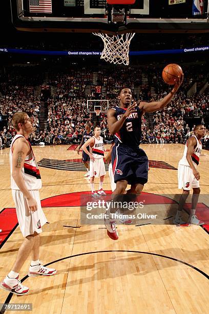 Joe Johnson of the Atlanta Hawks lays the ball up during the game against the Portland Trail Blazers on January 27, 2008 at the Rose Garden in...