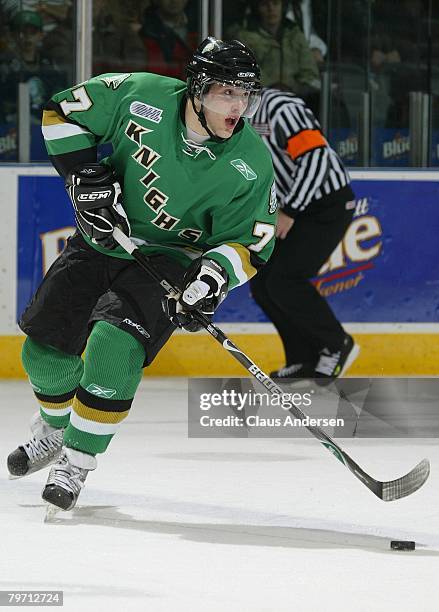 Patrick Maroon of the London Knights skates with the puck in a game against the Niagara IceDogs on February 8, 2008 at the John Labatt Centre in...