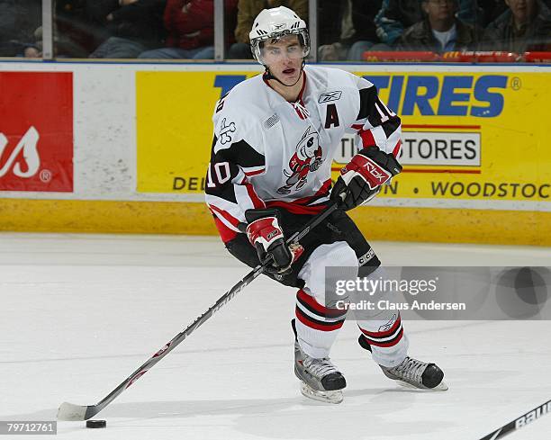 Alex Pietrangelo of the Niagara IceDogs skates up ice with the puck in a game against the London Knights on February 8, 2008 at the John Labatt...