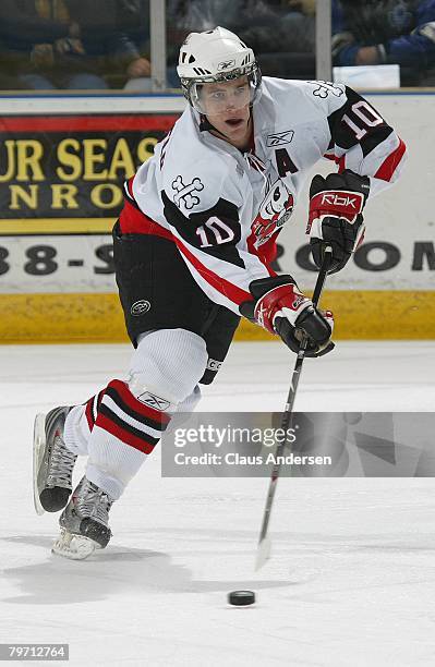 Projected high first round 2008 NHL draft pick Alex Pietrangelo of the Niagara IceDogs fires a pass up ice in a game against the London Knights on...