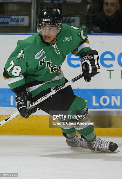 Akim Aliu of the London Knights skates in a game against the Niagara IceDogs on February 8, 2008 at the John Labatt Centre in London, Ontario. The...