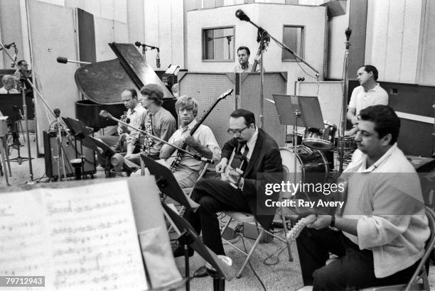 Members of the LA based session group of musicians known as the Wrecking Crew in Gold Star Recording Studios in 1965 in Los Angeles, California....