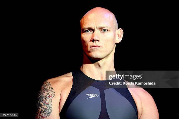 Michael Klim of Australia poses during the Speedo Swimsuit Launch press conference at the National Museum of Emerging Science and Innovation on...