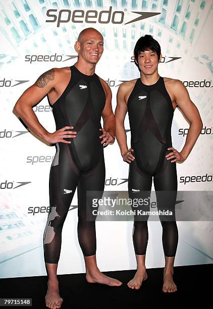 Michael Klim of Australia and Park Tae-Hwan of Korea pose during the Speedo Swimsuit Launch press conference at the National Museum of Emerging...
