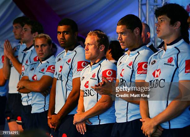 Waratahs players are introduced during the New South Wales Waratahs season launch at the Sydney Football Stadium on February 12, 2008 in Sydney,...