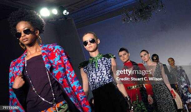 Models walk down the runway during the Duro Olowu LFW Autumn/Winter 2008 show at the Colombia Hotel on February 12, 2008 in London, England.