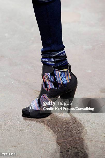 Close up of the High Heels worn by a model walking the runway wearing the Louise Goldin Fall/Winter 2008/2009 collection during London Fashion Week...