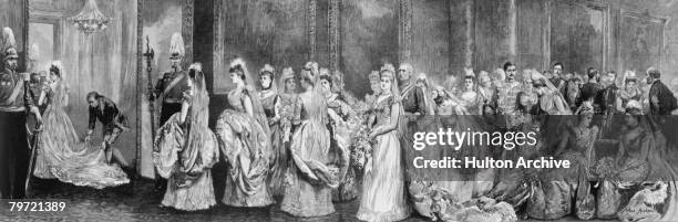 Debutantes wait in Her Majesty's Drawing Room at Buckingham Palace, before being presented to the Queen, 1891. A drawing by Arthur Hopkins, RWS....