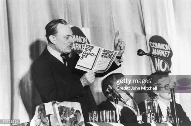 British statesman and Eurosceptic Enoch Powell speaks at Sidcup on the subject of the European Common Market, 5th June 1975.