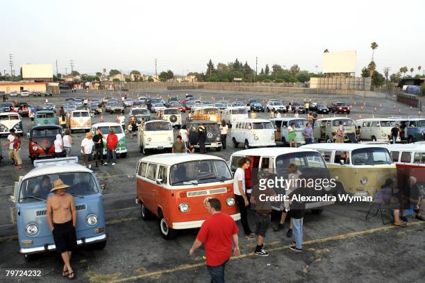 Volkswagen bus enthusiasts gather for a screening of "Little Miss Sunshine" July 25, 2006 at Vineland Drive-In in City of Industry, California.