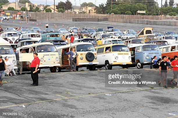 Volkswagen bus enthusiasts gather for a screening of "Little Miss Sunshine" July 25, 2006 at Vineland Drive-In in City of Industry, California.