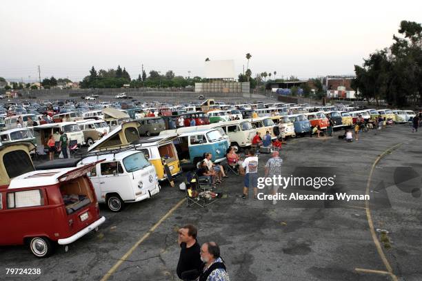 Volkswagen bus enthusiasts gather for a screening of "Little Miss Sunshine" July 25, 2006 at Vineland Drive-In in City of Industry, California.