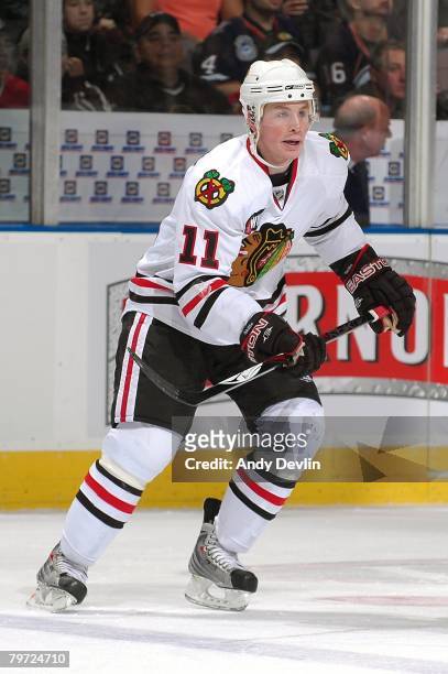 Jack Skille of the Chicago Blackhawks follows the play during a game against the Edmonton Oilers at Rexall Place on February 6, 2008 in Edmonton,...